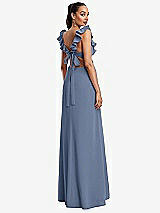 Rear View Thumbnail - Larkspur Blue Ruffle-Trimmed Neckline Cutout Tie-Back Trumpet Gown