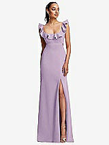 Front View Thumbnail - Pale Purple Ruffle-Trimmed Neckline Cutout Tie-Back Trumpet Gown