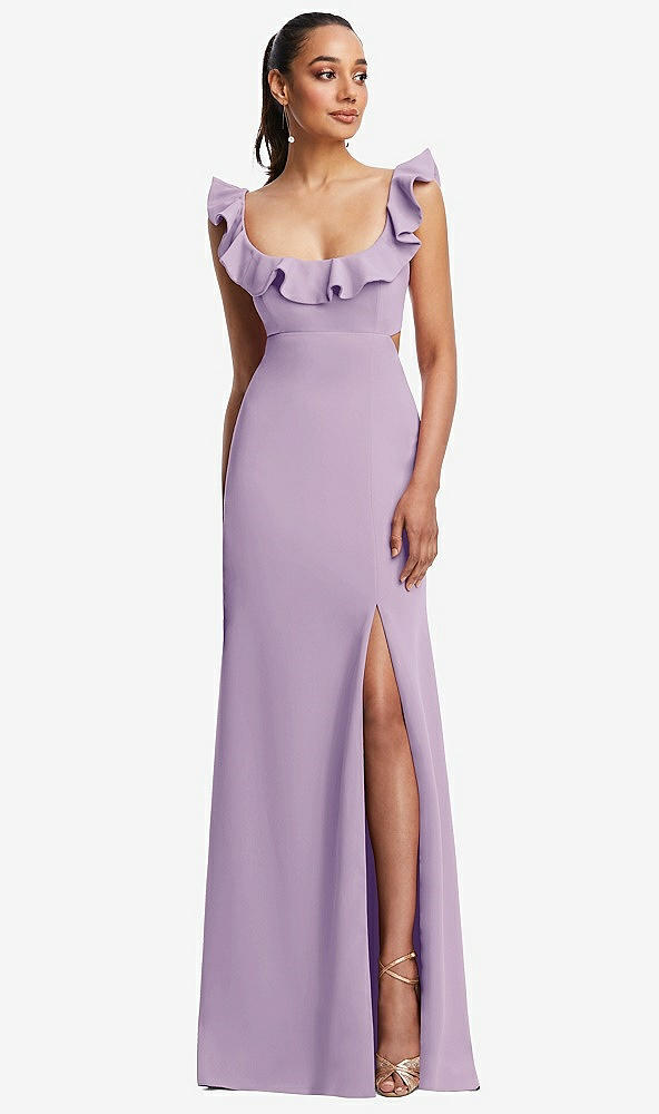 Front View - Pale Purple Ruffle-Trimmed Neckline Cutout Tie-Back Trumpet Gown