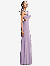 Side View Thumbnail - Pale Purple Ruffle-Trimmed Neckline Cutout Tie-Back Trumpet Gown