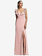 Front View Thumbnail - Rose Ruffle-Trimmed Neckline Cutout Tie-Back Trumpet Gown