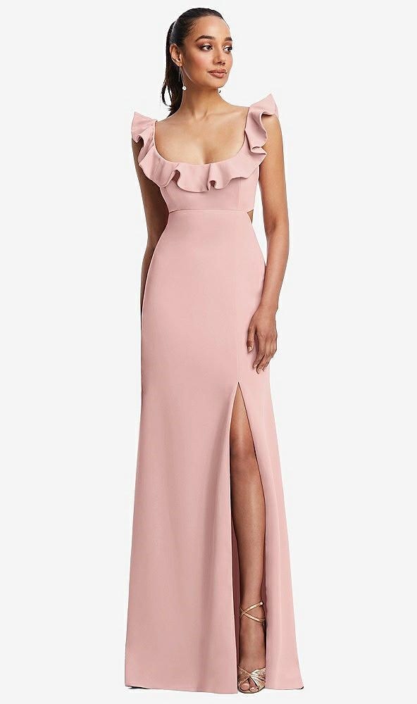 Front View - Rose Ruffle-Trimmed Neckline Cutout Tie-Back Trumpet Gown