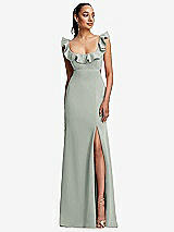 Front View Thumbnail - Willow Green Ruffle-Trimmed Neckline Cutout Tie-Back Trumpet Gown