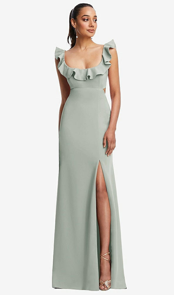 Front View - Willow Green Ruffle-Trimmed Neckline Cutout Tie-Back Trumpet Gown