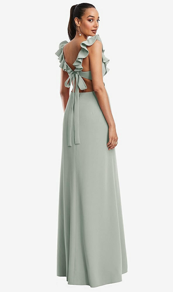 Back View - Willow Green Ruffle-Trimmed Neckline Cutout Tie-Back Trumpet Gown