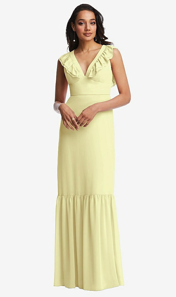 Front View - Butter Yellow Tiered Ruffle Plunge Neck Open-Back Maxi Dress with Deep Ruffle Skirt