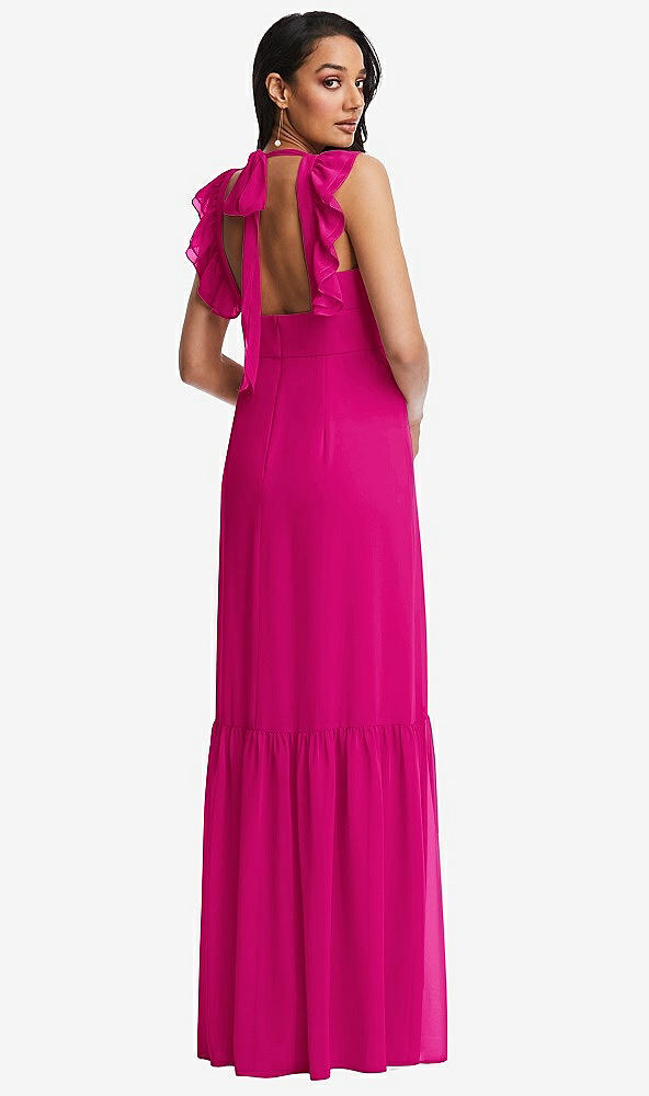 Back View - Think Pink Tiered Ruffle Plunge Neck Open-Back Maxi Dress with Deep Ruffle Skirt