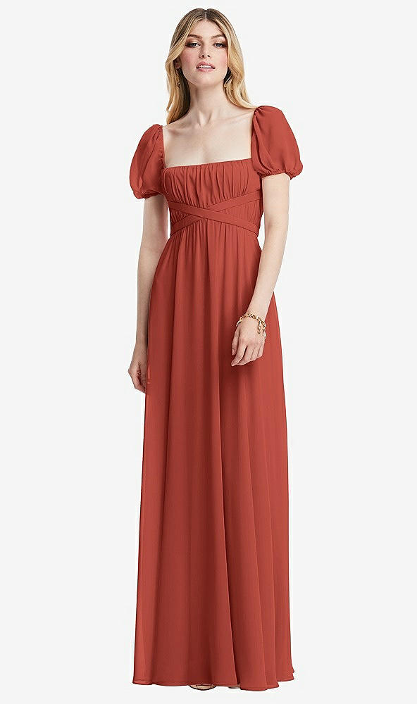 Front View - Amber Sunset Regency Empire Waist Puff Sleeve Chiffon Maxi Dress