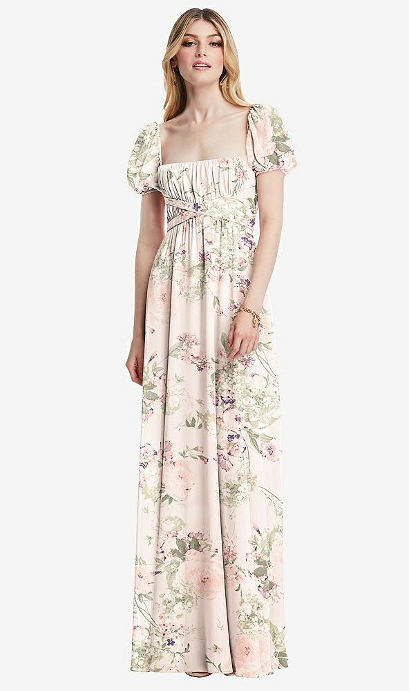 Front View - Blush Garden Regency Empire Waist Puff Sleeve Chiffon Maxi Dress