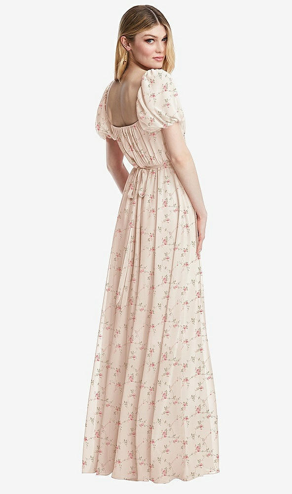 Back View - Coquette Floral Print Regency Empire Waist Puff Sleeve Chiffon Maxi Dress