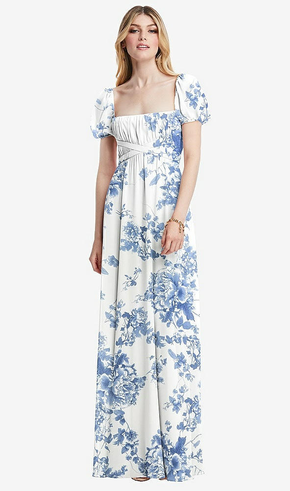 Front View - Cottage Rose Dusk Blue Regency Empire Waist Puff Sleeve Chiffon Maxi Dress