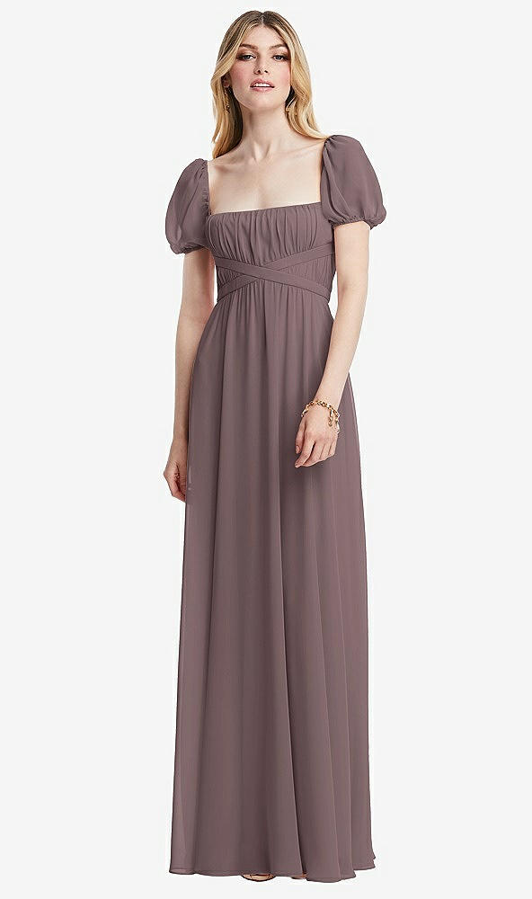 Front View - French Truffle Regency Empire Waist Puff Sleeve Chiffon Maxi Dress