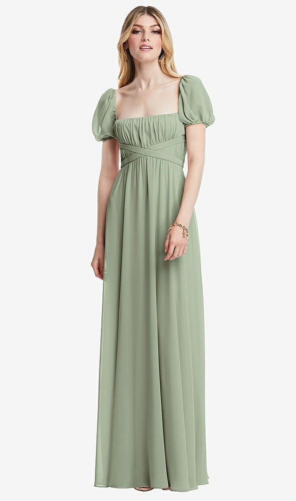 Front View - Sage Regency Empire Waist Puff Sleeve Chiffon Maxi Dress