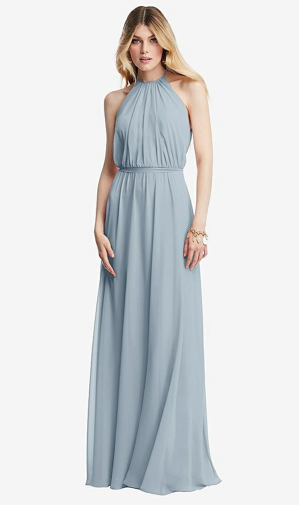 Front View - Mist Illusion Back Halter Maxi Dress with Covered Button Detail