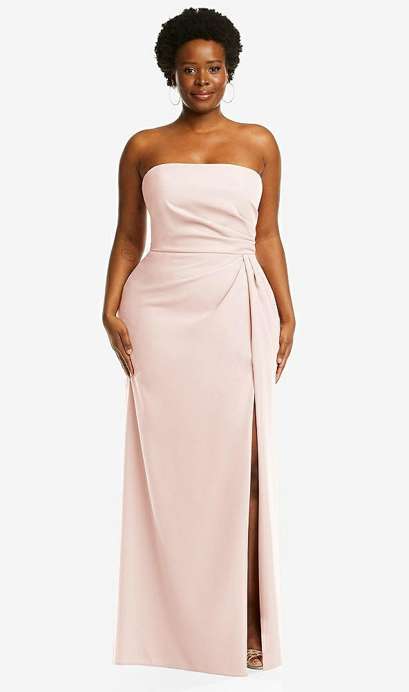 Front View - Blush Strapless Pleated Faux Wrap Trumpet Gown with Front Slit