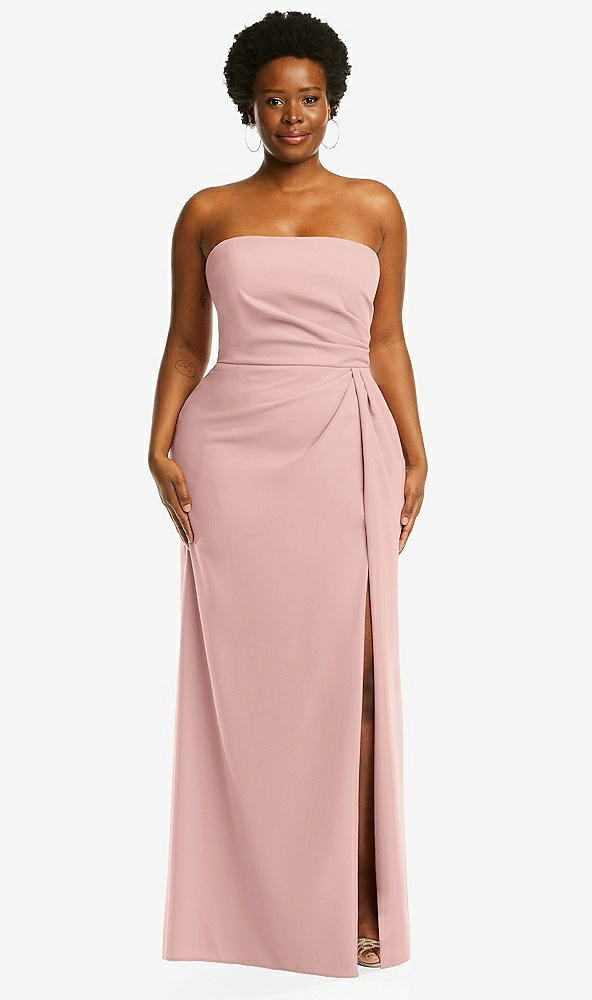 Front View - Rose - PANTONE Rose Quartz Strapless Pleated Faux Wrap Trumpet Gown with Front Slit