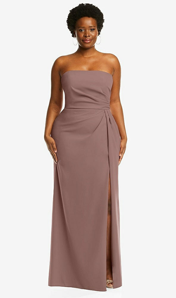 Front View - Sienna Strapless Pleated Faux Wrap Trumpet Gown with Front Slit