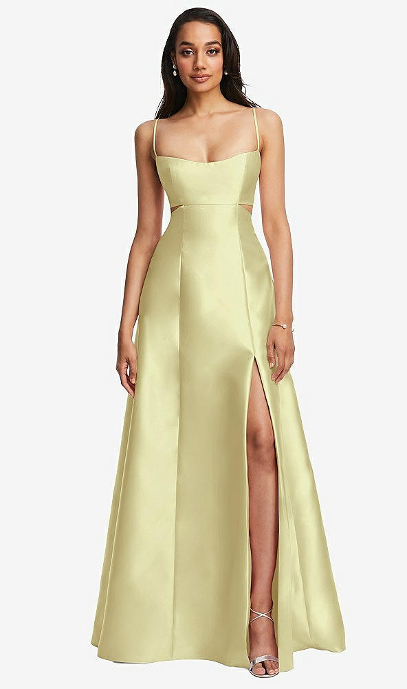 Front View - Butter Yellow Open Neckline Cutout Satin Twill A-Line Gown with Pockets