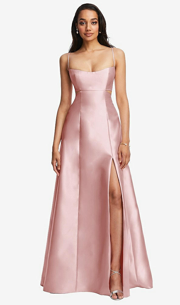 Front View - Ballet Pink Open Neckline Cutout Satin Twill A-Line Gown with Pockets