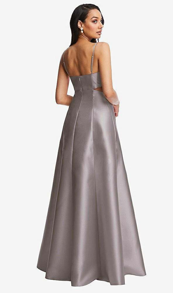 Back View - Cashmere Gray Open Neckline Cutout Satin Twill A-Line Gown with Pockets