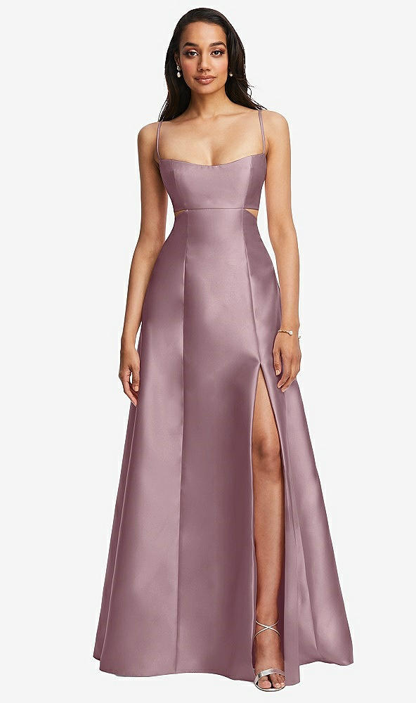 Front View - Dusty Rose Open Neckline Cutout Satin Twill A-Line Gown with Pockets