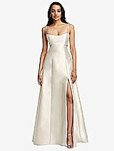 Front View Thumbnail - Ivory Open Neckline Cutout Satin Twill A-Line Gown with Pockets