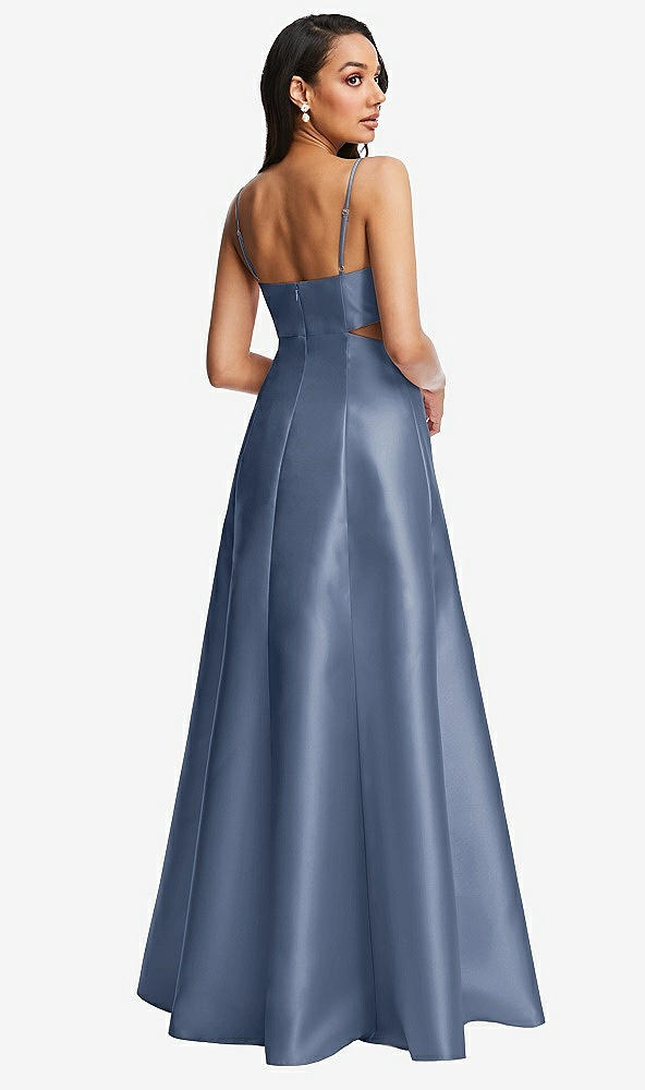 Back View - Larkspur Blue Open Neckline Cutout Satin Twill A-Line Gown with Pockets