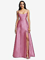 Front View Thumbnail - Powder Pink Open Neckline Cutout Satin Twill A-Line Gown with Pockets