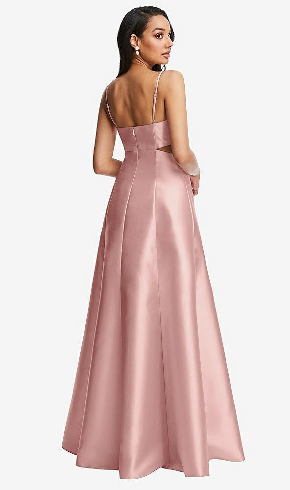 Back View - Rose - PANTONE Rose Quartz Open Neckline Cutout Satin Twill A-Line Gown with Pockets