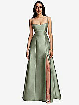 Front View Thumbnail - Sage Open Neckline Cutout Satin Twill A-Line Gown with Pockets