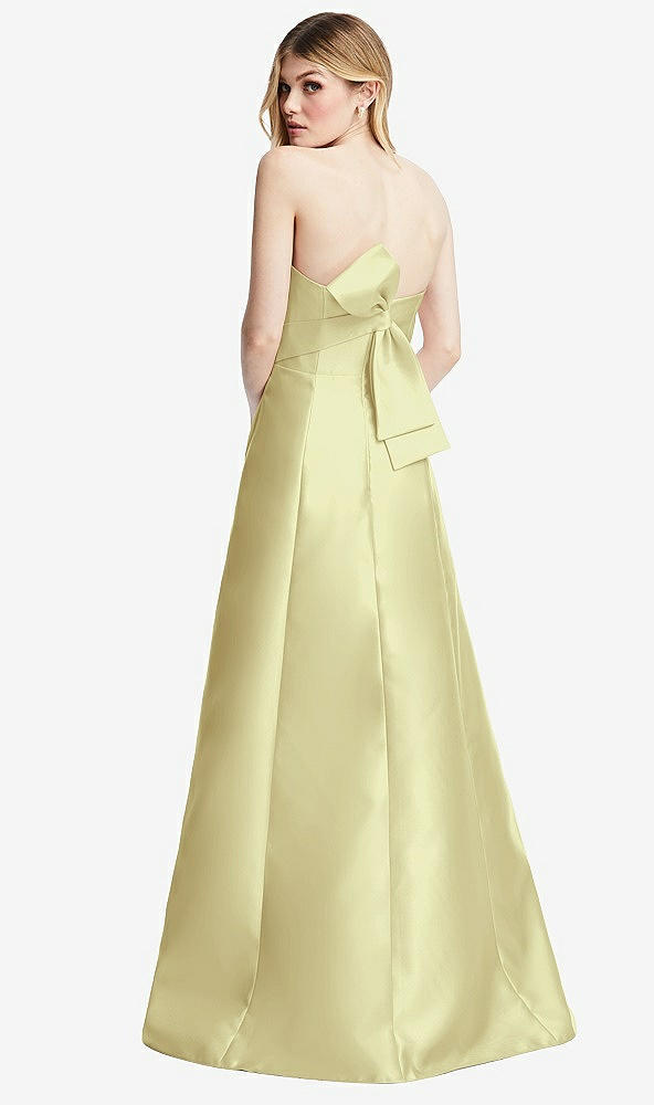 Front View - Butter Yellow Strapless A-line Satin Gown with Modern Bow Detail