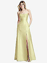 Rear View Thumbnail - Butter Yellow Strapless A-line Satin Gown with Modern Bow Detail