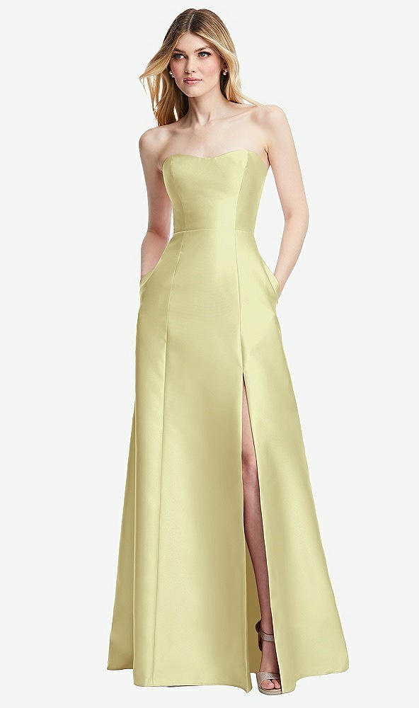 Back View - Butter Yellow Strapless A-line Satin Gown with Modern Bow Detail