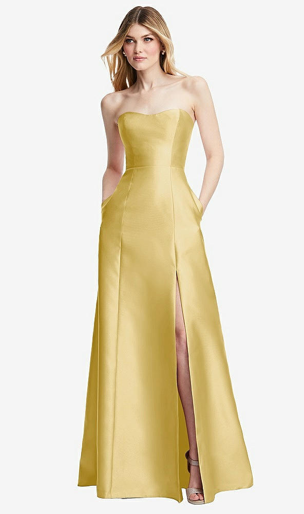 Back View - Maize Strapless A-line Satin Gown with Modern Bow Detail