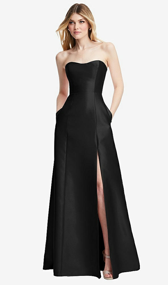 Back View - Black Strapless A-line Satin Gown with Modern Bow Detail