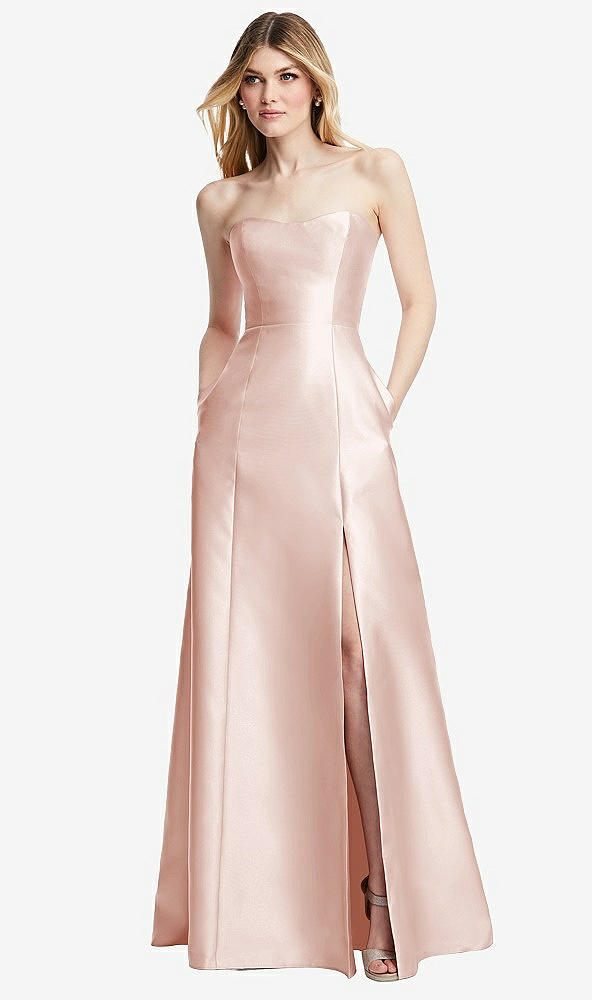 Back View - Blush Strapless A-line Satin Gown with Modern Bow Detail