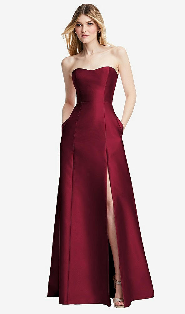 Back View - Burgundy Strapless A-line Satin Gown with Modern Bow Detail