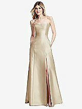 Rear View Thumbnail - Champagne Strapless A-line Satin Gown with Modern Bow Detail