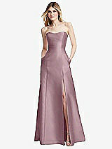 Rear View Thumbnail - Dusty Rose Strapless A-line Satin Gown with Modern Bow Detail