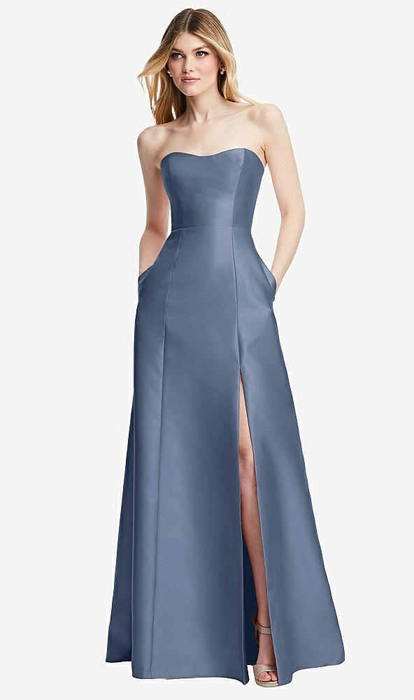 Back View - Larkspur Blue Strapless A-line Satin Gown with Modern Bow Detail