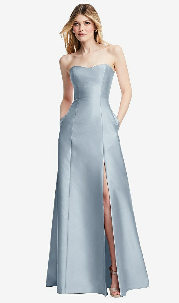 Back View - Mist Strapless A-line Satin Gown with Modern Bow Detail