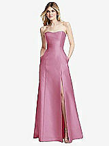 Rear View Thumbnail - Powder Pink Strapless A-line Satin Gown with Modern Bow Detail