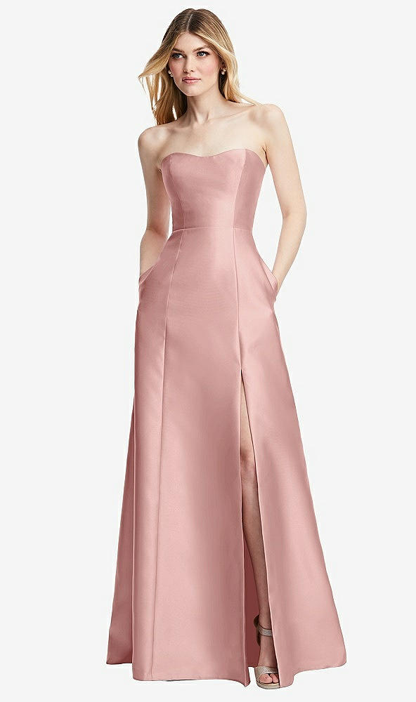 Back View - Rose - PANTONE Rose Quartz Strapless A-line Satin Gown with Modern Bow Detail