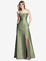 Rear View Thumbnail - Sage Strapless A-line Satin Gown with Modern Bow Detail