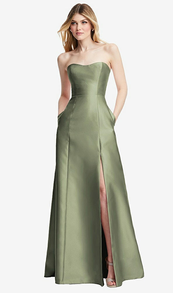 Back View - Sage Strapless A-line Satin Gown with Modern Bow Detail