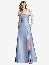 Rear View Thumbnail - Sky Blue Strapless A-line Satin Gown with Modern Bow Detail