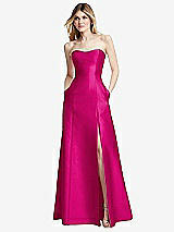 Rear View Thumbnail - Think Pink Strapless A-line Satin Gown with Modern Bow Detail