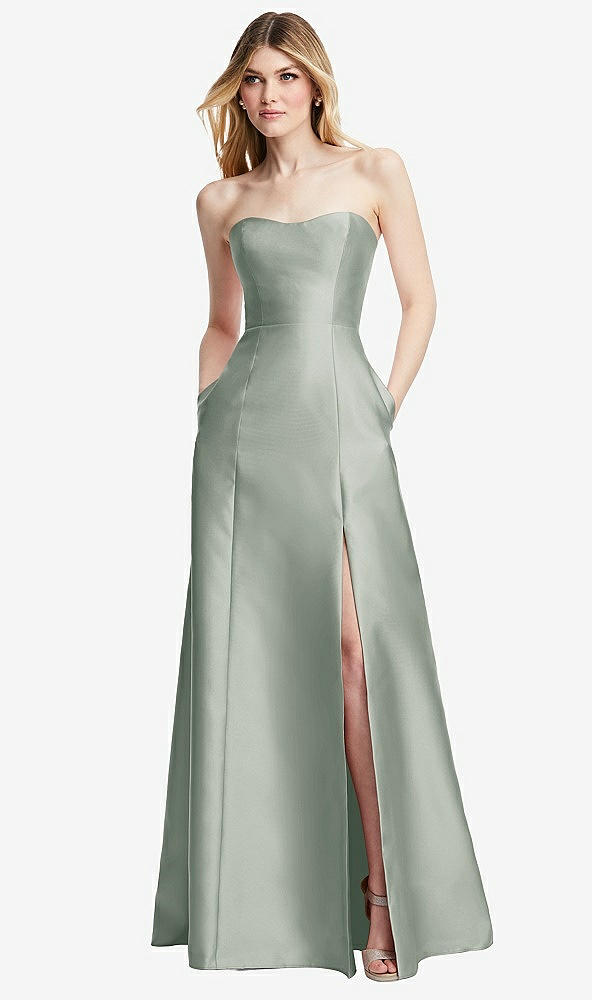 Back View - Willow Green Strapless A-line Satin Gown with Modern Bow Detail