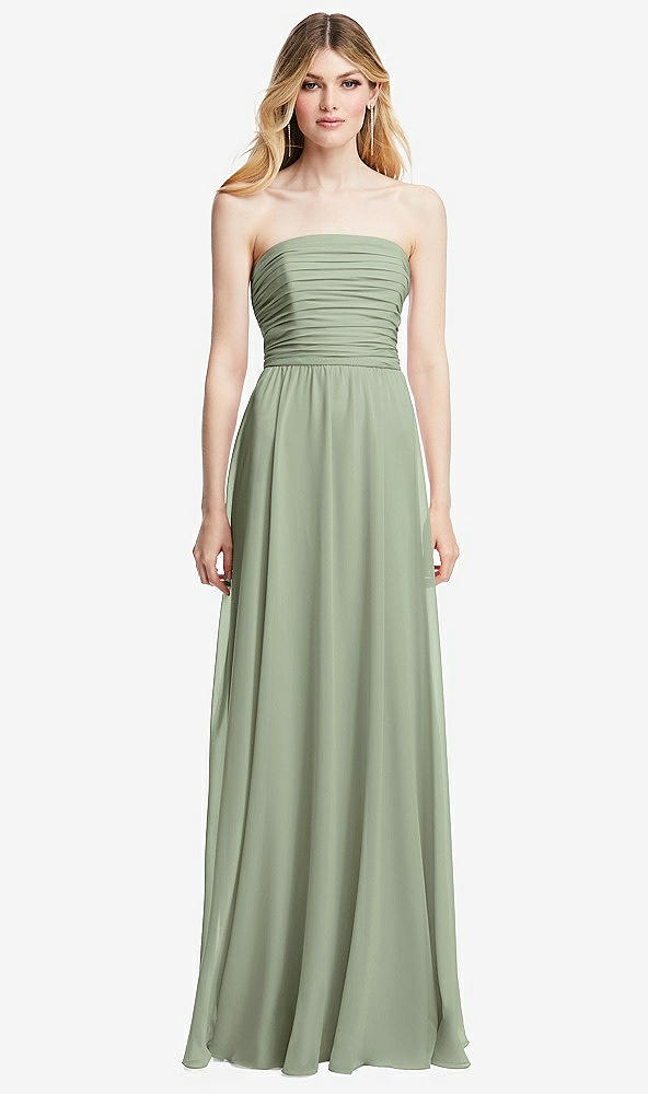 Front View - Sage Shirred Bodice Strapless Chiffon Maxi Dress with Optional Straps