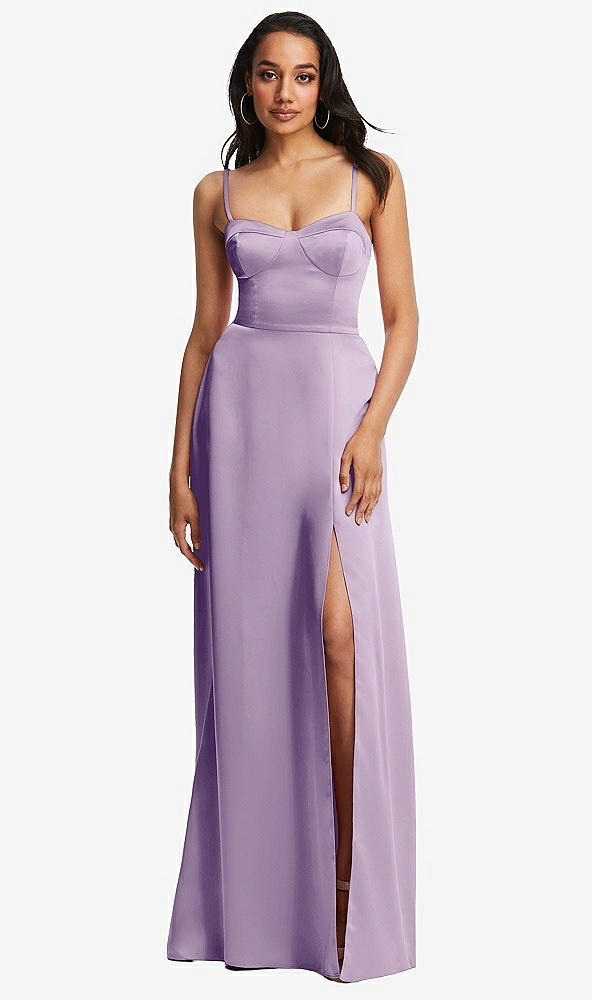 Front View - Pale Purple Bustier A-Line Maxi Dress with Adjustable Spaghetti Straps